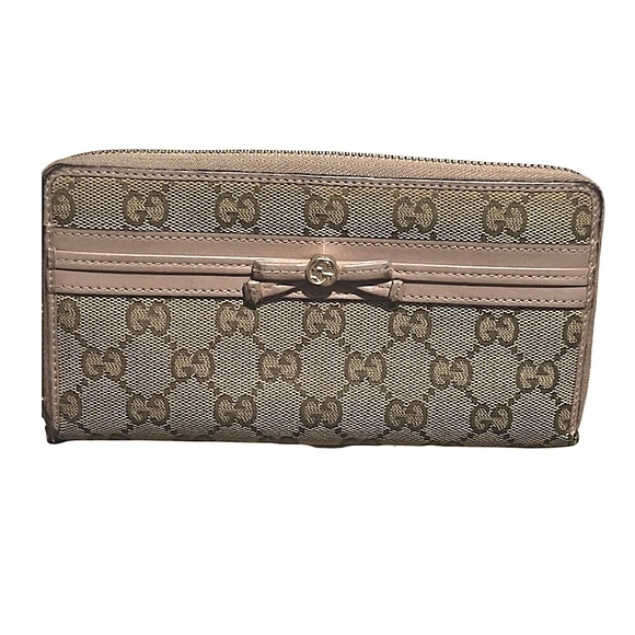 Authentic GG GUCCI Monogram Brown Canvas Leather Bow Zip Long Wallet - Picture 1 of 7